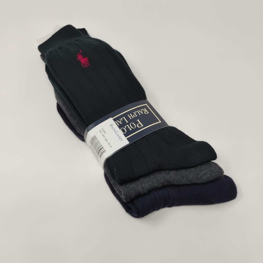 Vintage Polo Dress Socks Ralph Lauren 3-Pack Black Gray Pony Mens Size 10-13 New